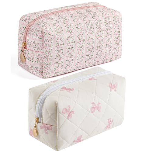 HHQQWZ Makeup Bag Travel Cosmetic Bag for Women Girls, Zipper Make Up Pouch, Floral Flowers Toiletry Organizer Makeup, Portable Storage Cosmetic Travel Cloth Bag (Pink+Pink Bow Tie)