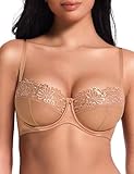 Deyllo Damen Push Up Bügel BH mit Spitze & Mesh Ungepolstert Balconette BH(Milchkaffee,85B)