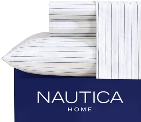 Nautica - Queen Sheets, Premium Cotton Percale Bedding Set, Striped Home Decor, Oeko-Tex Certified (Beaux Stripe Blue, Queen) - Thumbnail 2