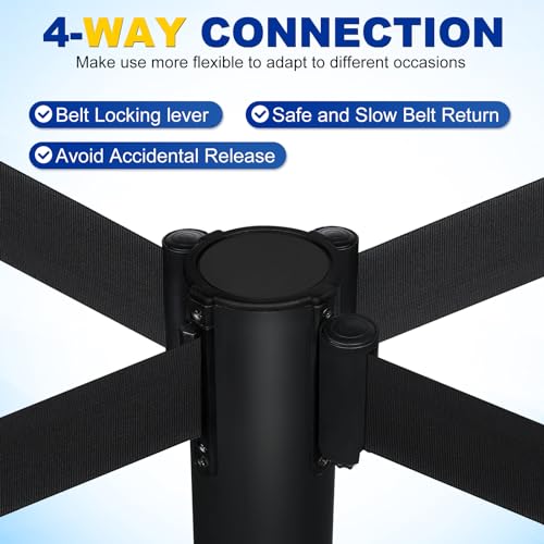 XPCARE Crowd Control Stanchion,6 Pieces Stanchion Set with 6.6ft/2 m Black Retractable Belt, Stanchion Retractable Belt Barriers, Black Crowd Control Barrier Metal Base,Easy Connect Assembly