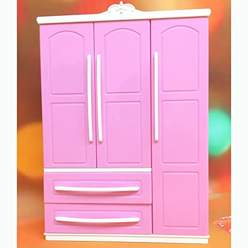 Armario de muñeca rosa con espejo y cajón mini organizador de ropa 6