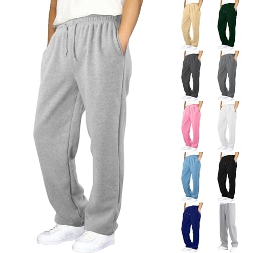 Mens Lightweight Fleece Sweatpants Open Bottom Straight Leg Baggy Drawstring Sweat Pants Casual Joggers with Pockets