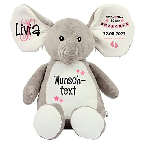 Elefant Baby-Geschenk Kuscheltier Geschenkidee zur Geburt & Taufe personalisiert mit Namen Geburtsdaten Taufspruch