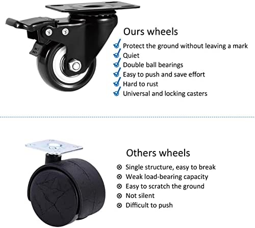 Castor Wheels, 50mm Castors, Swivel Castors with Brake (Plate) - ASRINIEY Caster Wheels Set of 4, Heavy Duty Casters and Wheels for Furniture, Non Marking Black Polyurethane Trolley Wheels