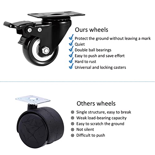 ASRINIEY Castor Wheels, 50mm Castors, Swivel Castors with Brake (Plate) - Caster Wheels Set of 4, Heavy Duty Casters and Wheels for Furniture, Non Marking Black Polyurethane Trolley Wheels - Image 4
