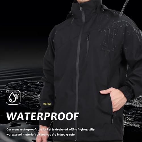 Ynport Crefreak Wasserdichte Herren Regenjacke für den Außenbereich Atmungsaktiv Gefüttert Wander Regenmantel Winddichter Regenanzug mit Abnehmbarer Kapuze und Reißverschlusstasche, Schwarz, L