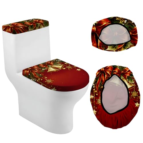 seewan Christmas Toilet Lid Cover, Dust Splash Resistant Toilet Seat Cover and Washable Toilet Tank Protector Reusable Home Bathroom Accessory Decoration