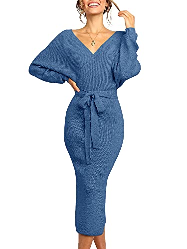 Image of Chang Yun Women's Long Maxi Sweater Dresses Sexy Wrap Batwing V Neck Slit Open Back Holiday Bodycon Dress with Belt