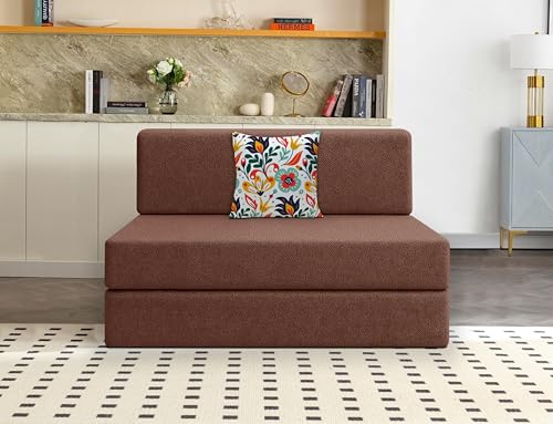 Image of Los Angeles Foldable One Seater Sofa Cum Bed, Sofa Bed 3 X 6 Feet Jute Fabric Washable Cover- Including Cushion Perfect for Living Room - Brown Color