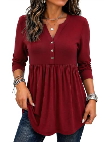 Zeagoo Plus Size Long Sleeve Tunic Button Pleated V Neck Womens Clothing