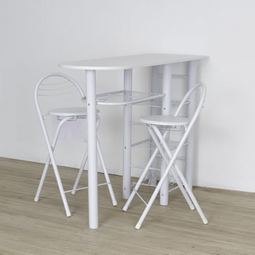 Miniatura 6 de Dupi Conjunto Mesa De Cocina Bar Estructura Metálica Tabla De Madera 4 Estantes 2 Taburetes Plegables Ideal Para Cocina Pequeña, 120 X 40 X 87 Cm Blanco