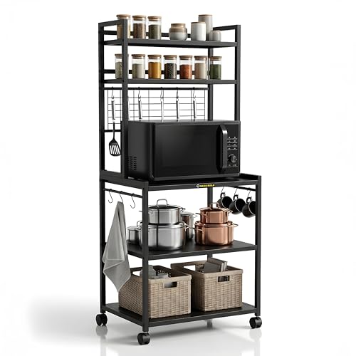 Image of Heavy Duty Metal Microwave Oven Stand with Storage Shelves & Hooks | Multi-Tier Kitchen Rack with Wheels | Organizer for Oven & Appliances (MS 5 Black)