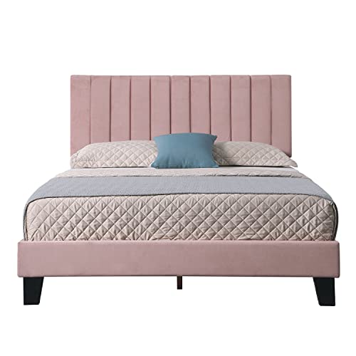 Ac Pacific Art Deco Tufted Platform Bed Frame With A Channel Headboard, Queen, Pink #TOP30