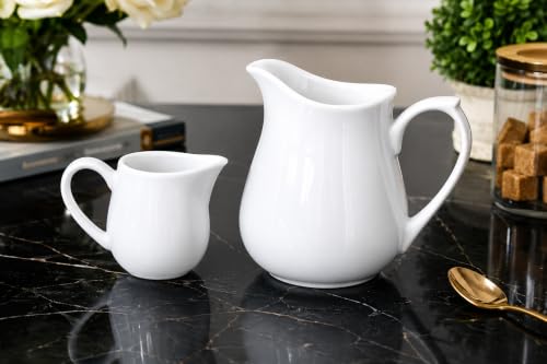 Image of 310 ml White Porcelain Tea Pot or Gravy Pot with 60 ml Creamer Set of 2, for Serving Tea, Milk (Mirakii 86)