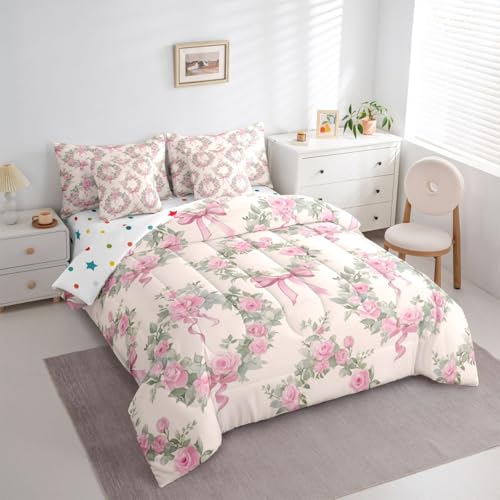Image of Pink Bow Bed in a Bag Queen Comforter Set 7 Piece | Romantic Rose Bedding Sets Dreamy Boho Floral Comforter and Sheet Set, Princess Bowknot Bed Sets,Cute Room Decor Aesthetic Kawaii
