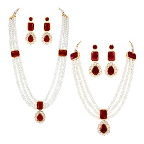 Image of Peora Crystal Faux Pearl Kundan Necklace & Jewellery Set Gift for Women