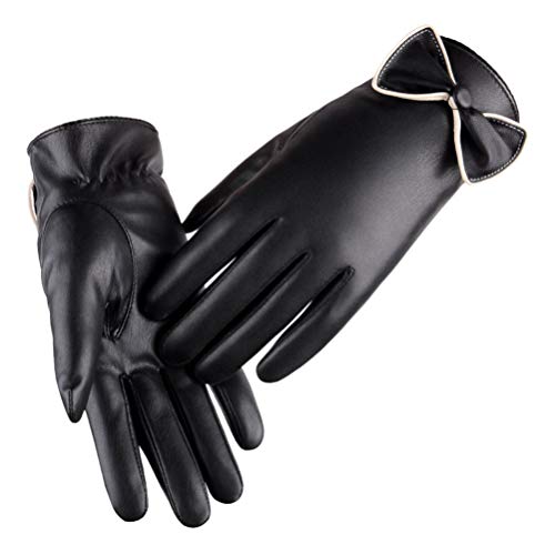 Lioobo 1 par de luvas femininas de couro com laço para tela sensível ao toque, luvas quentes de inve
