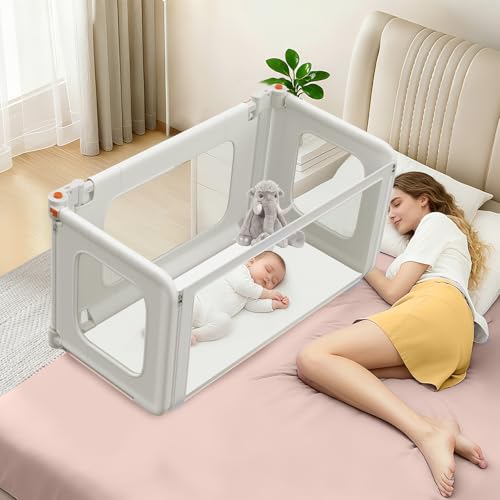 JAZSH 2 in 1 Bedside Bassinet, 69.26' x 19.29' Baby Bassinets Bedside Sleeper with Mosquito Net + Storage Bag + Child Lock, Baby Crib & Toddler Bed Rails for Twin, Full, Queen, King Size, Gray
