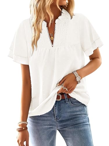 Image of CHICZONE Womens Short Sleeve Swiss Dot Blouses Henley V Neck Summer Casual Flowy Ruffle Boho T-Shirt A White