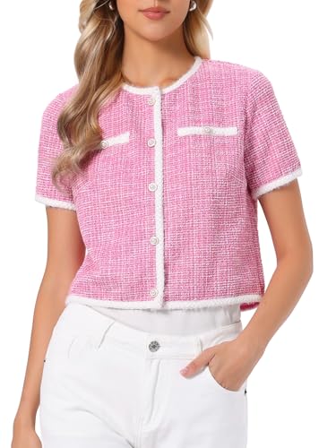 Image of Allegra K Short Sleeve Tweed Jacket for Women Summer Crew Neck Button Front Cropped Cardigan
