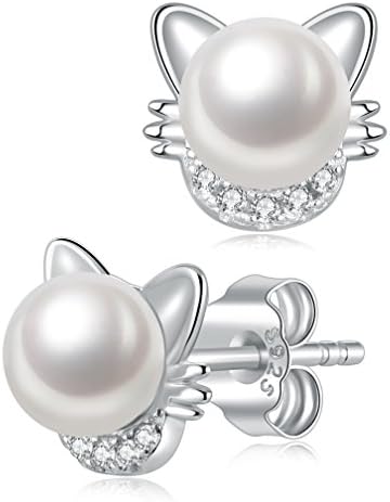 Pearl Earrings, Sterling Silver Cat Stud Earrings White Freshwater Cultured Pearl Stud Earrings, Hypoallergenic (Cat Earrings)