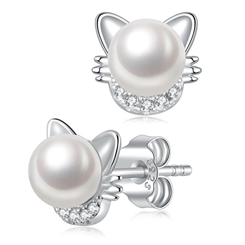 Pearl Earrings, Sterling Silver Cat Stud Earrings White Freshwater Cultured Pearl Stud Earrings, Hypoallergenic (Cat Earrings) #TOP18
