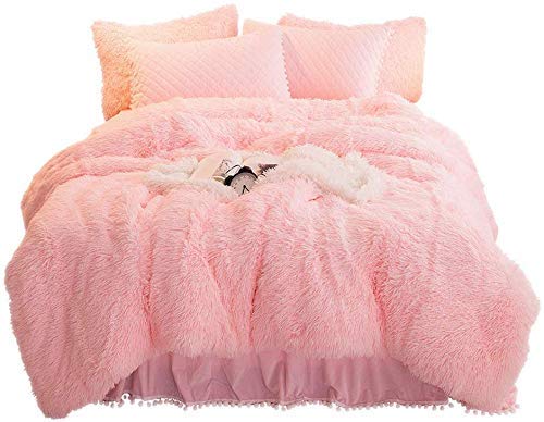 One Meter Sunshine Luxury Plush Shaggy Duvet Cover Set (1 Faux Fur Duvet Cover + 2 Pompoms Fringe Pillow Shams) Solid, Zipper Closure (Pink, King) #TOP6
