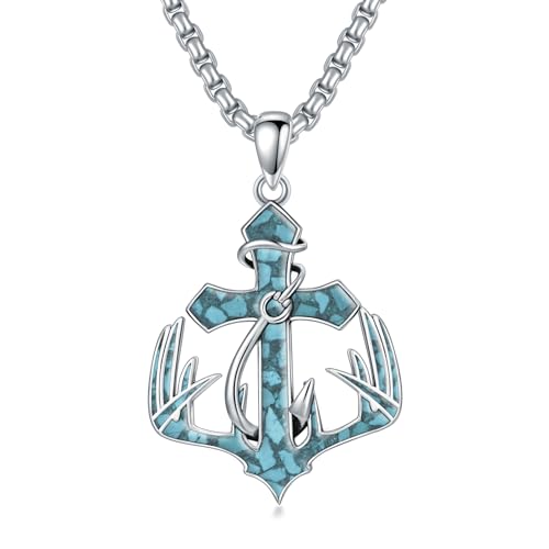 MEIDERBO Deer Antler Fish Hook Cross Necklace for Men 925 Sterling Silver Turquoise Cross Necklace Hunting Necklace DFishing Cross Pendant Cross Jewelry Gifts 22+2”