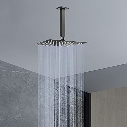 Image of Ceiling Mounted Shower Arm, Rain Shower Square Extension Arm with Flange and Teflon Tape Stainless Steel Ceiling Mount Shower Extender (6 Inch, Matte Black)