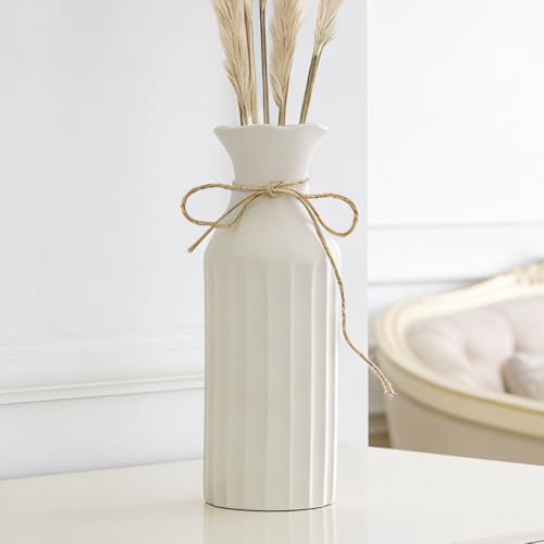 EssenFlolis White Ceramic Vase for Home Decor, Dried Flower Vase for Pampas Grass, Farmhouse Decorative Ceramic Vase for Living Room, Bedroom, Kitchen Table, Shelf