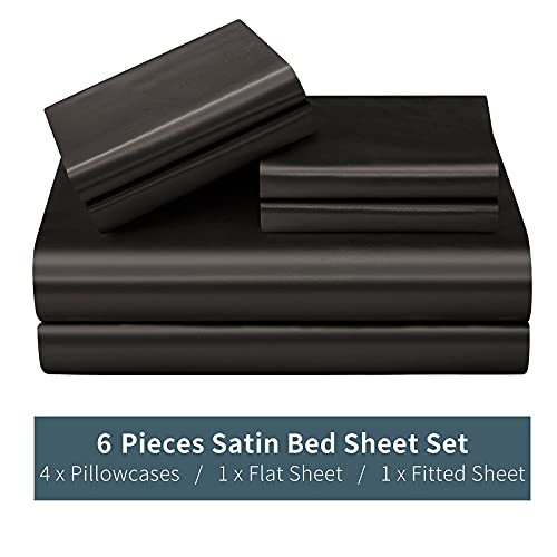 P Pothuiny 6-Piece Full Satin Sheets Luxury Silky Black Satin Bedding Sheet Set, 1 Deep Pocket Fitted Sheet + 1 Flat Sheet + 4 Pillow Cases #TOP6