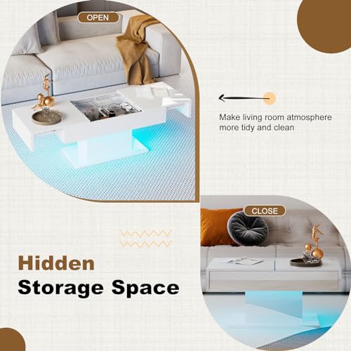 KEEPREAPER White Coffee Table with Storage | High-Gloss Modern Wooden Coffee Table, Sliding Top with Hidden Storage Drawers & 16-Color LED Lighting | Space-Saving Design for Living Room - Image 3