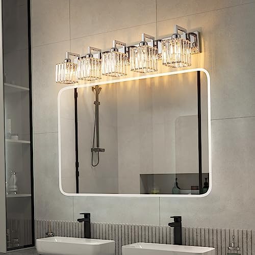 FDPBY Modern Crystal Bathroom Vanity Light 5-Lights Chrome Modern Crystal Wall Lamp Bathroom Modern Crystal Vanity Lighting…
