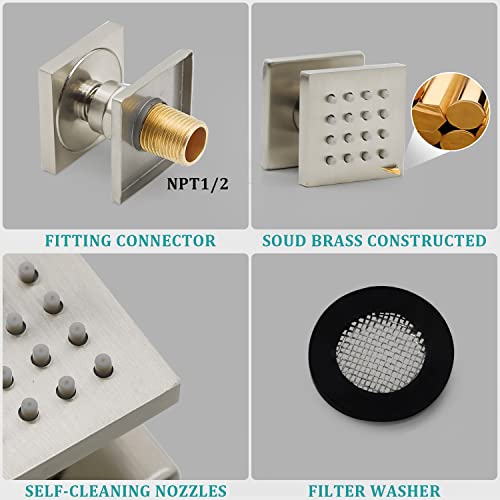 HOMEDEC Brushed Nickel Square Brass Shower Body Sprayer Wall Jet, Valve Needed (6pcs, 2x2inch)