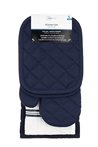 Wondertex Industrial Co., Ltd. 5 Piece Kitchen Towels Set 2 Towels, 1 Oven Mitt And 2 Pot Holders Navy #TOP1