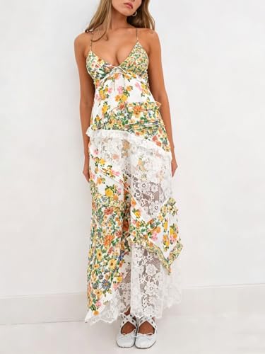 Image of Women Y2k Floral Smocked Maxi Dress Bow Tie Shoulder Tiered Ruffle Midi Sun Dress Boho Casual Beach Long Dresses
