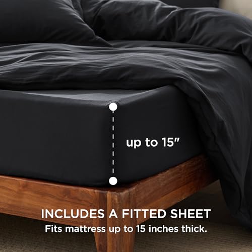Image of Bedsure Duvet Cover King Size with Fitted Sheet - 4 Pieces Prewashed Polyester Extra Soft Bedding Set, Includes 1 Duvet Cover 104x90 Inches with Zipper Closure, 2 Pillow Shams, 1 Fitted Sheet, Black