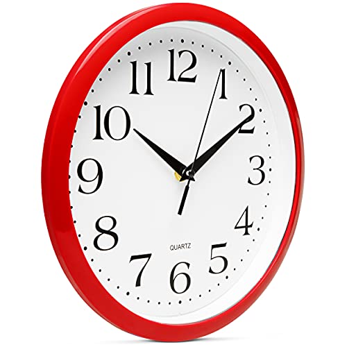 Bernhard Products Red Wall Clock Silent Non Ticking - 10 Inch Quality Quartz Battery Operated Round Easy to Read Home/Kitchen/Office/Classroom/School Clocks, Vintage Retro Red Frame Black Numbers