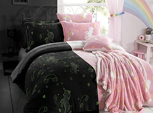 Olivia Rocco Glow In The Dark Teddy Fleece Duvet Cover Sets Soft Warm Kids Bedding Childrens Quilt Covers Set, Unicorn Single