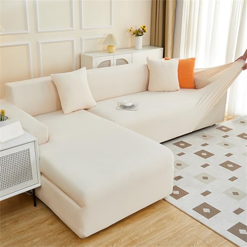 Housse de canapé extensible 1 place beige pour angle en L - 2