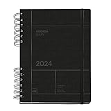 Miquelrius - Agenda Anual 2024 Back to Basics, Día Página, Tamaño Plus 155 x 213 mm (similar A5), Cubierta rígida, Espiral doble, Cierre con goma, Español, Inglés y Portugués, Negro