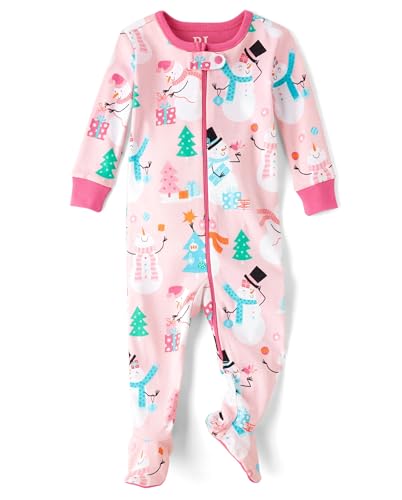The Children's Place,Baby Girls,and Toddler Long Sleeve 100% Cotton Zip-Front One Piece Footed Pajama,Pink Snowmen,6 Months,9 Months