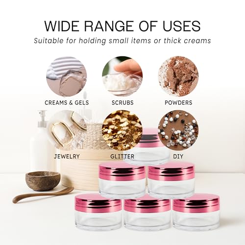 Beauticom 20 g/20 ml USA, akrylowe, okrągłe, przezroczyste słoiki z pokrywkami na balsamy do ust, kremy, do makijażu, kosmetyki, próbki, syna i inne produkty kosmetyczne (12 szt., różowe złoto)