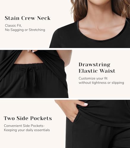 Image of NACHILA Pajamas for Women-Viscose Made from Bamboo,Satin Crew Neck Pajama Sets Short Sleeve Pjs with Capri Pants