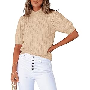 GoyRrbay Damen Puff Kurzarm Pullover Tops Rollkragen Zopfmuster Pullover Pullover