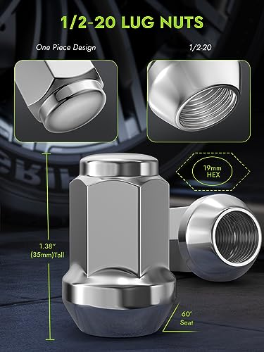 Image of AUTOPTIM 1 /2-20 Lug Nuts - Replacement for 1987-2018 Jeep Wrangler JK, 2002-2012 Liberty, 1993-2010 Grand Cherokee, Ford Explorer Edge Mustang Aftermarket Wheel, Chrome Closed End Tire Nuts 20pcs