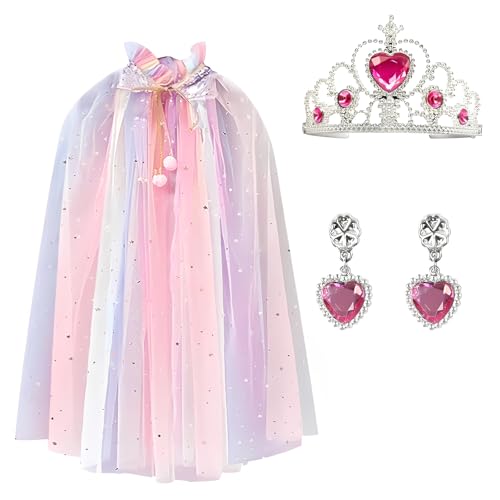 Verkleidungskiste für Kinder Set – Prinzessin Kostüm Mädchen mit Umhang, Krone & Ohrringen – verkleidung kinder, Kostüme für Kinder für Karneval, Cosplay, Geburtstag & Weihnachten – 75cm ﻿