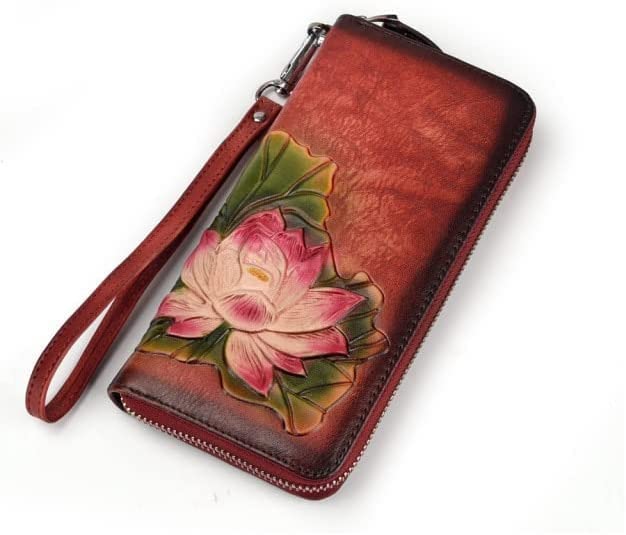 Minimalist Wallet Leather Women's Wallet Fashion Natural Lotus Pattern Purse Clutch Ladies Long Large Capacity Bifold Coin Pocket Card Holder