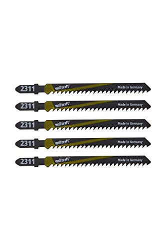 Wolfcraft 2361000-5 hojas de sierra de calar vástago en T/HCS/madera dura, planchas de virutas, tableros de madera estratificada, plástico/corte rápido y basto 75 mm