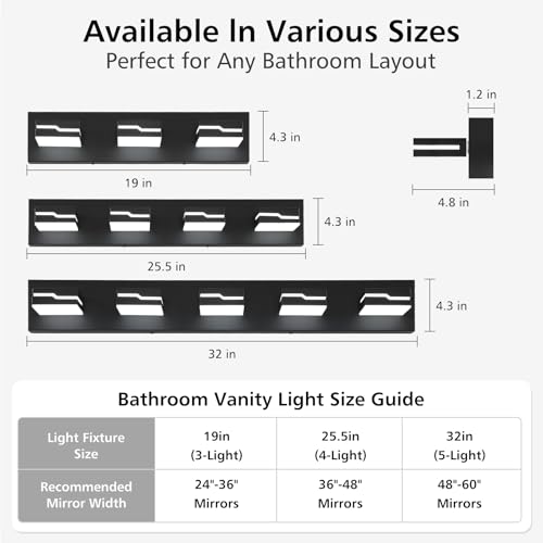Image of LED Modern Bathroom Vanity Light Fixtures 4-Light, 25.5 inch Dimmable Black Vanity Lights for Bathroom Lighting Fixtures Over Mirror, with 350Rotatable Acrylic Heads(White Light 5500K)